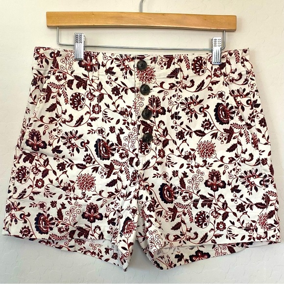 LOFT Shorts Size 6 Womens Maroon  Paisley High Waist Button Fly Cotton Stretch - Picture 1 of 7